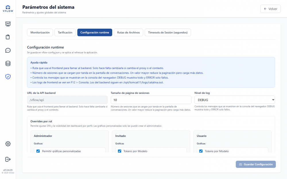 Configuración del sistema — Configuración runtime